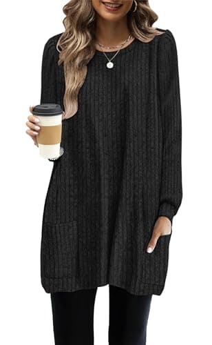 WNEEDU Long Sleeve Shirts for Women Tunic Tops Sweaters Dress with Pockets | Black Sweater Dresses Women,Tunic Tops with Legging,Lightweight Sweaters,Crewneck Pullover,Plus Size Fall Dress Black L