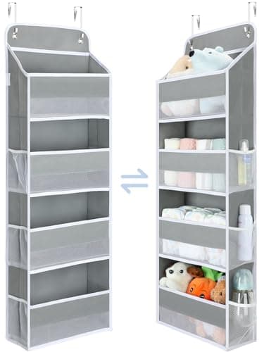 Yecaye 1 Pack Over the Door Organizer with 4 Big Pockets 6 Mesh Pockets | 35.2lbs Load Closet Door Organizer Hanging, Swing-proof Diaper Storage for Nursery Newborn Baby Essentials Stuff, Grey