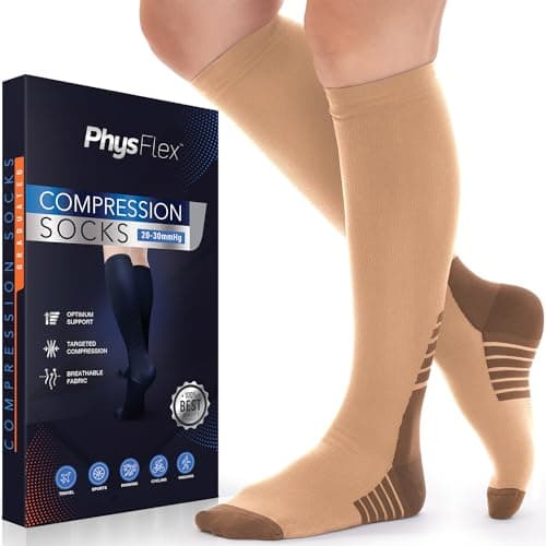 PhysFlex Compression Socks for Women and Men - Best Support for Running, Flying, Pregnancy - Knee High Graduated Compression Stockings (Beige, L/XL)