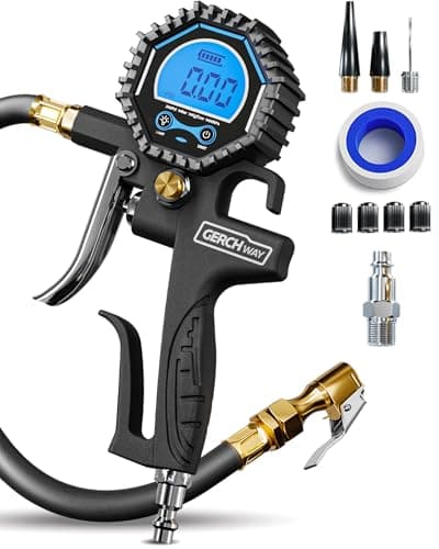 GERCHWAY Digital Tire Pressure Gauge with Inflator for Air Compressor | 3-200 PSI, ±1% Accuracy, 20-Inch Hose, Large Display (0.1 Res), Swivel Air Chuck, 2AAA batteries included, 3 in 1 Tool