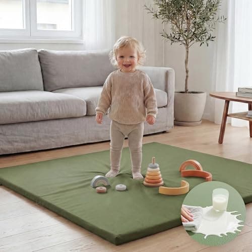Huloo Sleep Baby Play Mat 50x50 Inches, 1.3" Thick Padded Waterproof Floor Cushion & Playpen Mat with Vegan Leather, Non-Slip & Non-Toxic Nursery Rug for Infants, Toddlers & Kids (Green)
