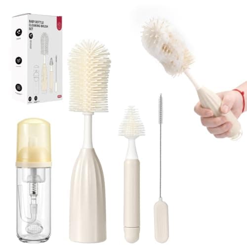 Bottle Brush Kit, Travel Silicone Baby Bottle Cleaning Brush for Nipple | Push-Press Foam Design Bottle Brush Include Nipple Cleaner Cleaning Solution Bottle and Straw Brush Set for Home and Trave