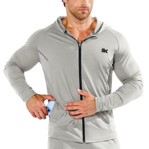 BROKIG Mens Zip Up Running Hoodie UPF 50+ Windbreak Jacket,Light Grey,S
