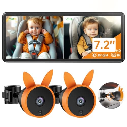 Babyvue Baby Car Camera for 2 Kids - 7.2" Large HD Display Dual Channel Baby Monitor, Clear 1080P IR Night Vision Car Seat Camera, Easy Install & Secure Rear-Facing View