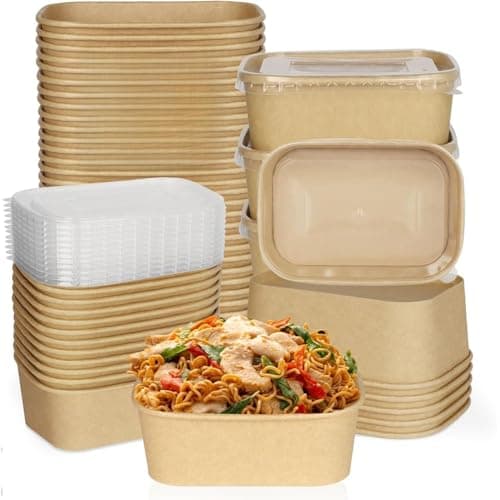 50 Pack Takeout Containers, 25 oz Kraft Paper Food Boxes with Lids