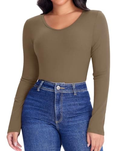 Ganado V Neck Thermal Long Sleeve Shirts for Women Light Brown S