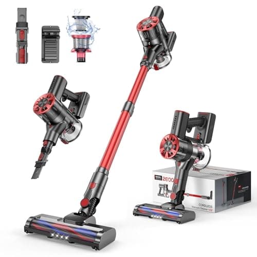 Cordless Vacuum Cleaner, 80,000PRM Stick Vacuum with 2 Powerful Suction Modes, Max 40 Mins Runtime, Protable 2600mAh Vacuum Cleaner for Home (Red Grey)
