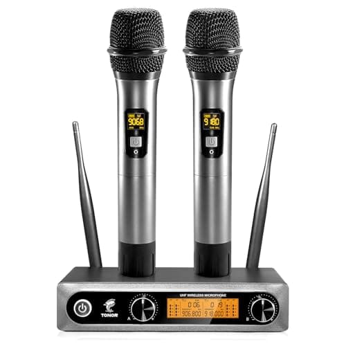 TONOR Wireless Microphone, Metal Dual Professional UHF Cordless Dynamic Handheld Mic System for Instrument Performance, Home Karaoke, Meeting, Party, Church, DJ, Wedding, Home KTV Set, 200ft(TW820)