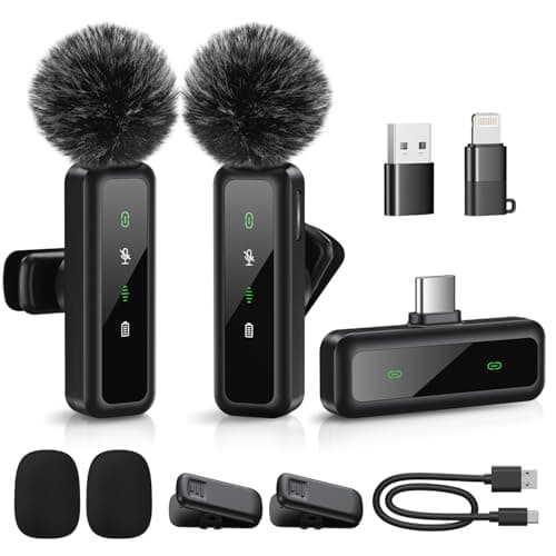 Mini Wireless Lavalier Microphone for iPhone, iPad, Android, 2-Pack Mini Mic with Windscreens & Pop Filters, Noise Reduction, Auto Pairing, Mute & Reverb for Vlogging, Recording, Live Streaming