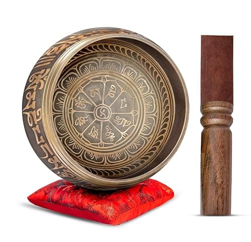 Tibetan Singing Bowl Set Authentic – Handmade in Nepal Sound & Meditation Bowl – Spiritual Decor for Yoga, Wellness Spaces & Relaxation by Himalayan Bazaar (Brown & Red)