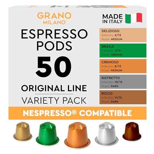 Grano Milano Variety Pack 50 Pods Compatible with Nespresso Original Line | Aluminium Capsules, Medium and Dark Roast, Made in Italy, Packaging May Vary