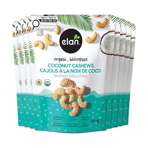 Elan Organic Coconut Cashews, Non-GMO, Gluten-Free, Vegan, Kosher, Glazed Nuts (Roasted Cashews, Coconut Milk Powder, Himalayan Pink Salt), Superfood Infused Nuts, 8 Count, 160g