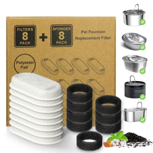 Cat Water Fountain Filter，16 Pack Cat Fountain Filter Replacement | for Cat fountain 2L/64oz and 3.2L/108oz Stainless Steel Pet Drinking, Pet Water Fountain Replacement Filters(8+8 Pack)