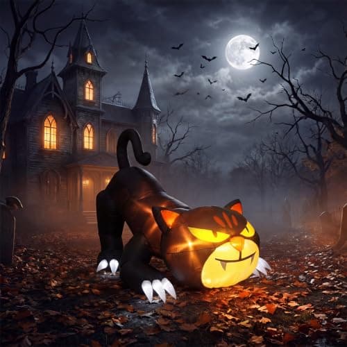 WildVenture 7ft Spooky Crawling Black Cat Halloween Decorations Inflatable