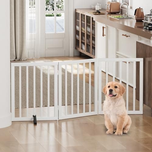Dog Gate, Bamboo Freestanding Dog Gates for Doorways, Foldable Dog Gate Indoor, Pet Gates for Doorways Bedroom, Puppy Gate with Metal Support Feet, Room Divider 3 Panels (White)