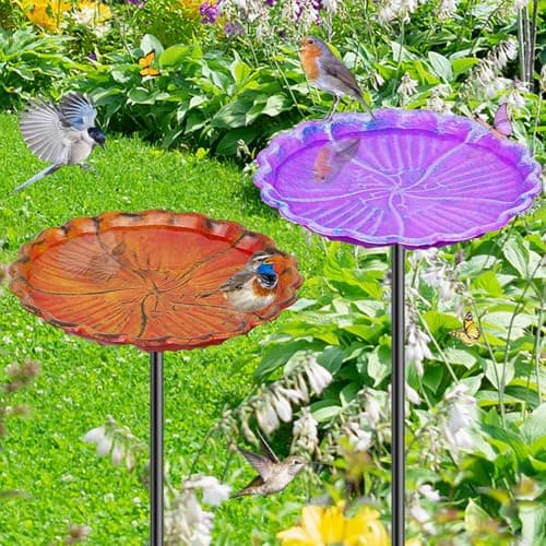 MeyRolizn 2PCS Hummingbird Bird Bath for Outside, Freestanding Metal Flower BirdBaths Bowl with Stake, Detachable Birdfeeder for Outdoor Yard Lawn Garden Decor Purple-Orange