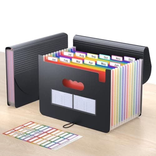 ThinkTex 12-Pocket Accordion File Organizer, Expanding File Folders | for Paper Receipts, Bills&Taxes Organizer, Letter/A4 Size Document Holder for School, Office, Home with Colorful tabs- Black