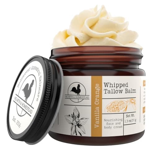 Hearth & Homestead Whipped Beef Tallow for Skin & Face – 100% Grass Fed, Eczema Cream & Body Butter – Organic Olive Oil, Calendula & Rose – Lotion & Hand Moisturizer for Dry Skin, Vanilla Orange, 37g