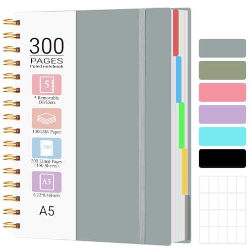 Spiral Notebook, A5 Size 5 Subject Notebooks College Ruled with Tabs and Removable Dividers, 300 Pages 100GSM Thick Spiral Ruled Lined Writing Journal Notebook for Work, School(6.2"x 8.5")