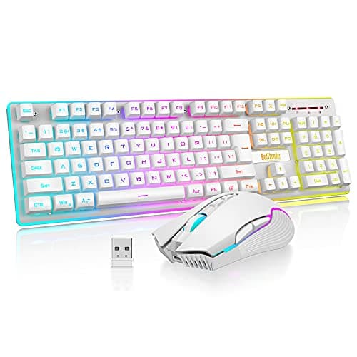 RedThunder K10 Wireless Gaming Keyboard and Mouse Combo, RGB Backlit Rechargeable 3800mAh Battery, Anti-ghosting Keyboard + 7D 3200DPI Mice for PC Gamer (White)